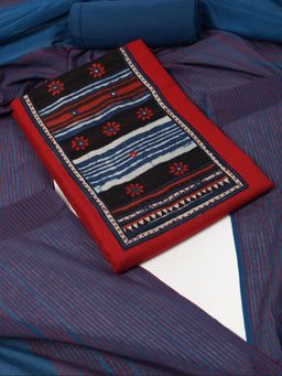 Kami Kubi - Red Printed Mirror Work Unstitched Kurta with Bottom and Dupatta (Set of 3)