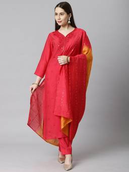 Kami Kubi - Red Embroidered Unstitched Kurta with Bottom and Dupatta (Set of 3)