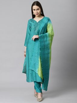 Kami Kubi - Turquoise Embroidered Unstitched Kurta with Bottom and Dupatta (Set of 3)