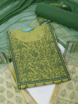 Kami Kubi - Lime Green Printed Unstitched Kurta with Bottom and Dupatta (Set of 3)