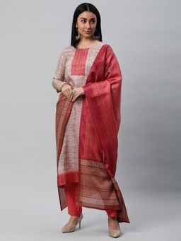 Kami Kubi - Beige Printed Unstitched Kurta with Bottom and Dupatta (Set of 3)