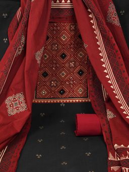 Kami Kubi - Black Printed Mirror Work Unstitched Kurta with Bottom and Dupatta (Set of 3)