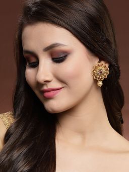 PANASH - Gold Plated Red Stone and Pearls Handcrafted Floral Drop Earrings