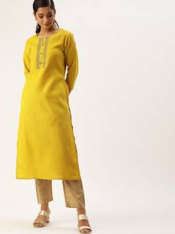 Varanga - Women Mustard Yellow Solid Straight Kurta with Thread Work