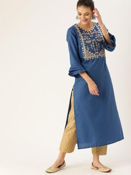 Varanga - Women Blue & Multi Embroidered Straight Kurta