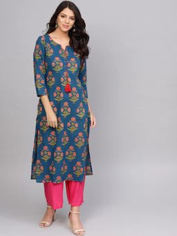 Varanga - Women Blue & Peach-Coloured Floral Straight Kurta