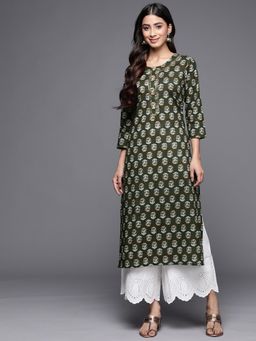 Varanga - Women Green Three Quarter Sleeve Straight Kurta