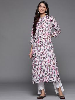 Varanga - Women Off-White Multi Print Lurex A-Line Kurta with Mandarin Collar
