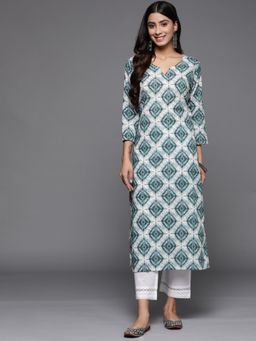 Varanga - Women Teal and White Geometrical Print Kurta