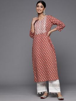 Varanga - Women Rust Embroidered Kurta with Round Neck