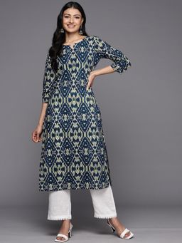 Varanga - Women Blue Ikat Printed Straight Kurta with Three Quarter Sleeves