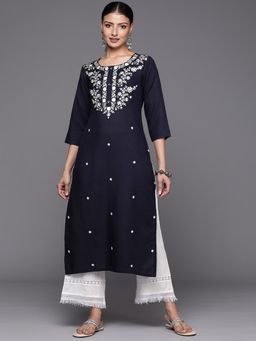 Varanga - Women Navy Blue Embroidered Straight Kurta