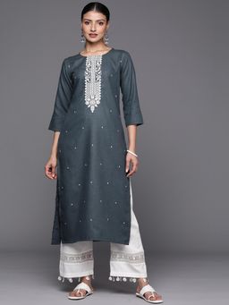 Varanga - Women Grey Embroidered Straight Kurta