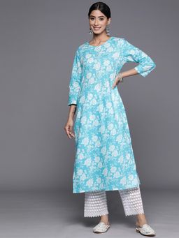 Varanga - Women Blue Floral Printed Straight Kurta with Three Quarter Sleeves