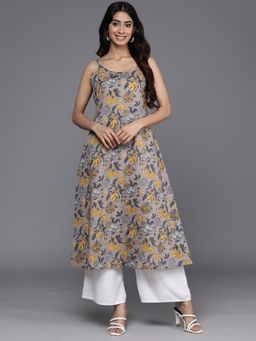 Varanga - Women Grey Floral Printed A-Line Kurta with Round Neck