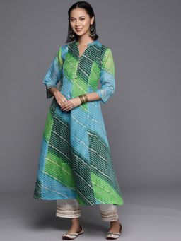 Varanga - Women Green and Blue Bandhani Printed Mandarin Collar Anarkali Kurta