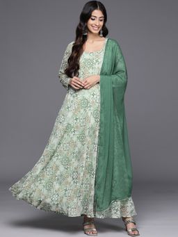 Varanga - Women Floral Anarkali Kurta With Tonal Dupatta with Triangular Lace (Set of 2)
