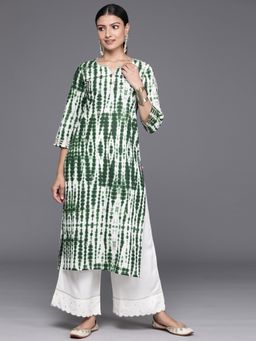 Varanga - Women Green Shibori Straight Kurta with Embellished Round Neck
