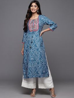 Varanga - Women Blue Bandhani Printed Round Neck Yoke Straight Kurta