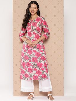 Varanga - Women White and Pink Floral Printed Straight Kurta