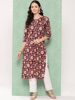 Varanga - Women Maroon Floral Printed Round Neck with Placket Straight Kurta