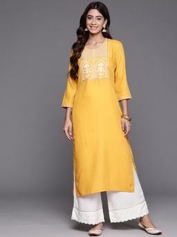 Varanga - Women Mustard Round Neck Embroidered Yoke Straight Kurta