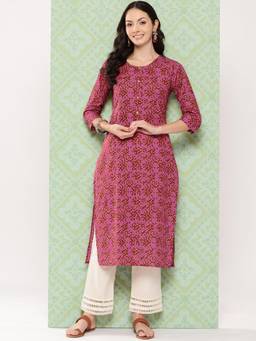 Varanga - Women Pink Abstract Printed Straight Kurta with Three Quarter Sleeves