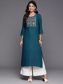 Varanga - Women Blue Round Neck Embroidered Yoke Straight Kurta