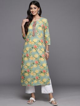 Varanga - Women Sea Green Floral Printed Mirror & Thread Embroidered Straight Kurta