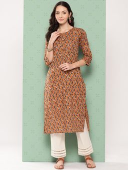 Varanga - Women Brown Abstract Printed Straight Kurta with Three Quarter Sleeves