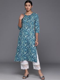 Varanga - Women Blue Floral Printed Straight Kurta with Three Quarter Sleeves
