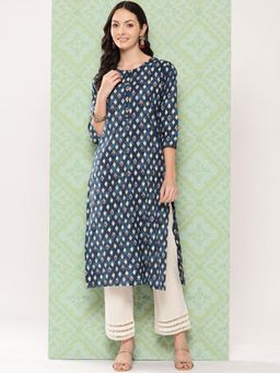 Varanga - Women Blue Ethnic Motif Printed Straight Kurta with Three Quarter Sleeves