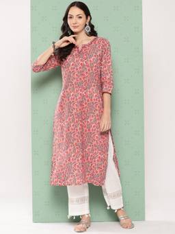 Varanga - Women Pink Floral Printed Straight Kurta with Three Quarter Sleeves