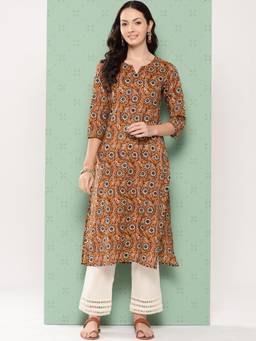 Varanga - Women Brown Floral Printed Straight Kurta with Three Quarter Sleeves