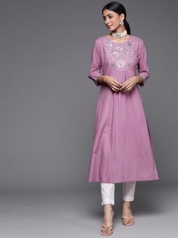 Varanga - Women Mauve Thread Work Yoke Design A-Line Kurta