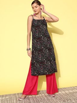 Varanga - Black Floral Printed Spaghetti Strap Style Straight Kurta with Side Slits