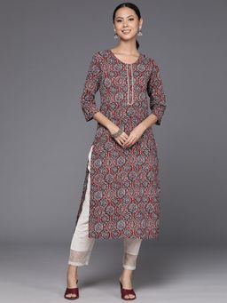Varanga - Women Rust Ethnic Motif Printed Lace Embellished Placket Straight Kurta