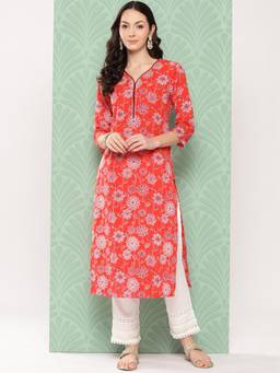 Varanga - Women Orange Floral Printed Straight Kurta Embellished with Triangular Lace