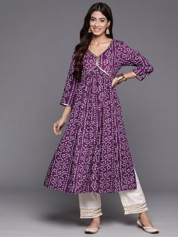 Varanga - Women Purple Bandhani Print V-Neck with Sequin Lace Detail A Line Kurta