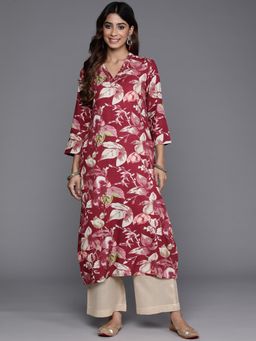 Varanga - Women Rust Floral Printed Stud Detail At V Neck Straight Kurta