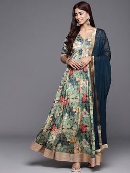 Varanga - Women Teal Pure Silk Chinon Anarkali Kurta Paired with Dupatta (Set of 2)