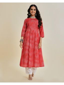 Varanga - Red Printed A-Line Kurta with Three Quarter Sleeves