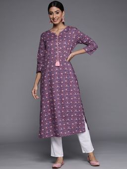 Varanga - Cotton Printed Straight Kurta with Embroidered Neckline