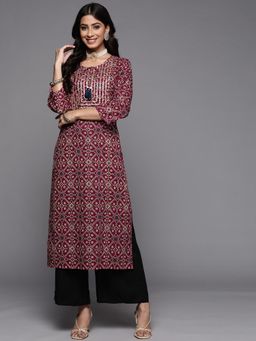 Varanga - Purple Printed Straight Kurta with Tie Up Detailing's On Neck