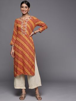Varanga - Mustard and Rust Bandhani Printed Kurta with Embroidered Yoke