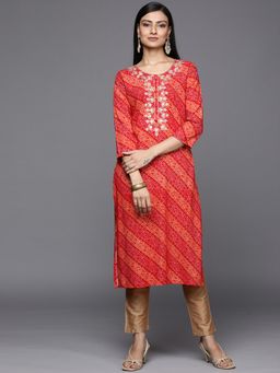 Varanga - Red and Orange Bandhani Printed Kurta with Embroidered Yoke