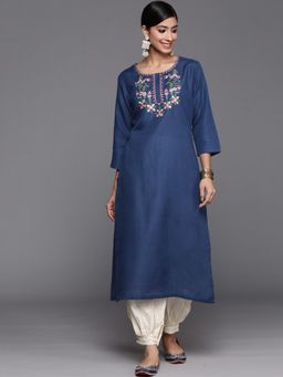 Varanga - Blue Embroidered Straight Kurta with Round Neck