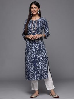 Varanga - Blue Bandhani Print Embroidered Kurta Has Round Neck