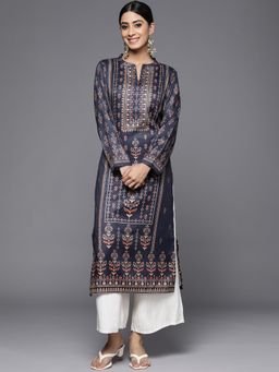 Varanga - Navy Blue Mandarin Collar Floral printed woolen straight kurta