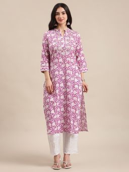 Varanga - Women Purple and White Floral Printed Gota Embellished Straight Kurta